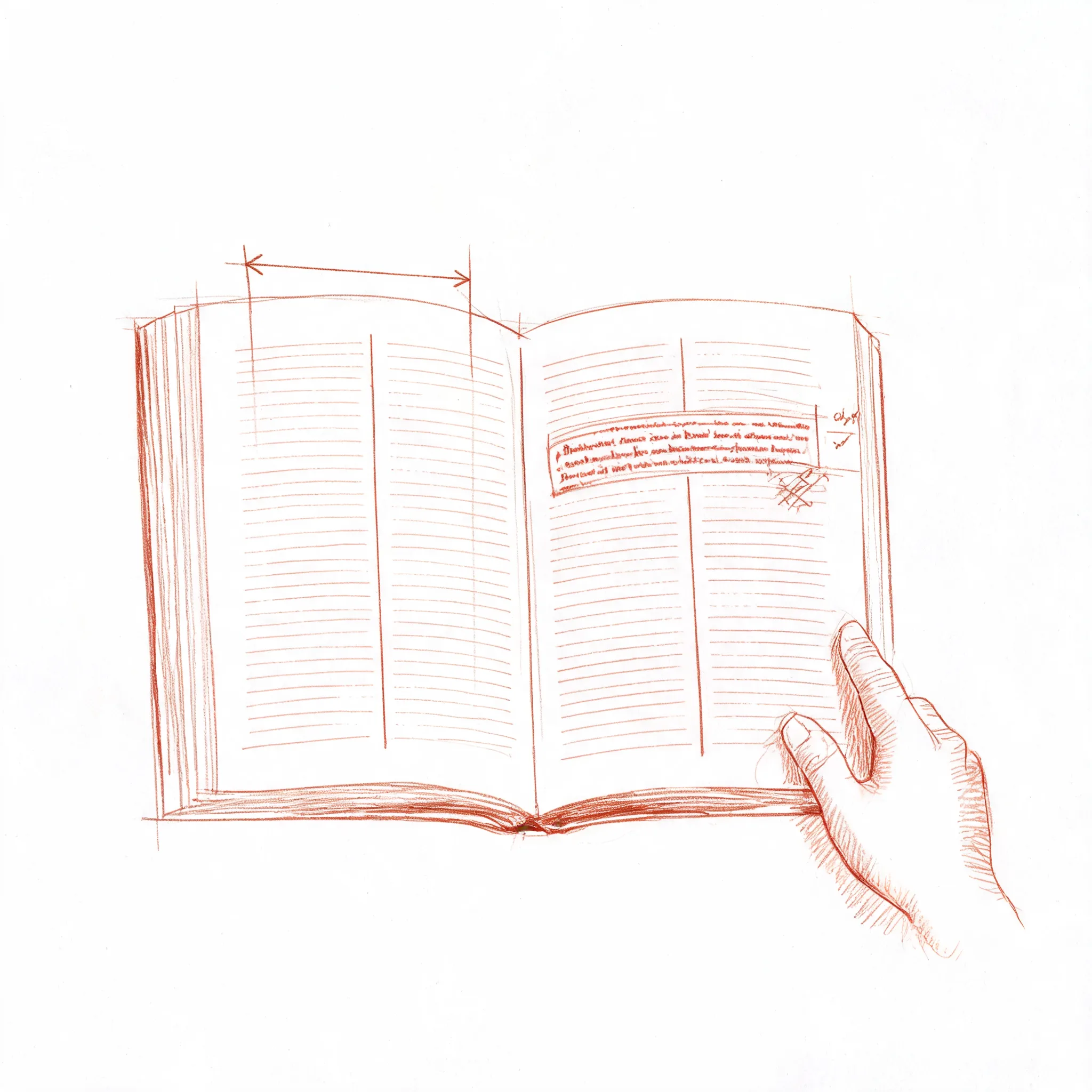 Sketch of an open Bible spread with red-letter text and cross references